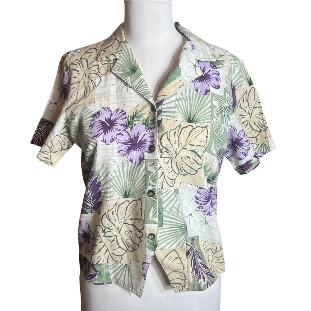 vintage Tapestry Womens Tropical Floral Button Up Shirt Purple Green Small